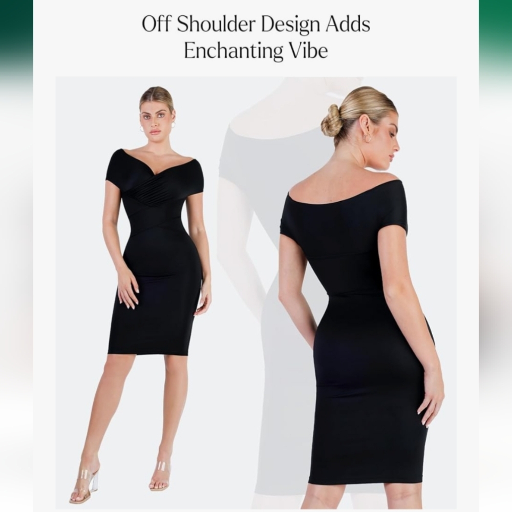 NWT Black Off Shoulder V Neck Sculpting Shapewear Midi Cocktail Dress S